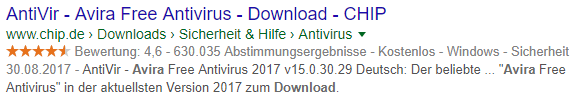 Rich Snippet zum Avira Download bei chip.de
